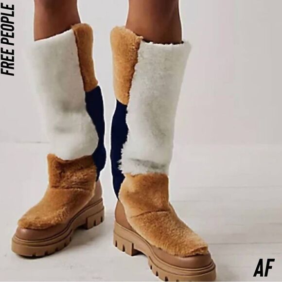 FREE PEOPLE HAPPY THOUGHTS FUR BOOTS IN CAMEL NAVY AND WHITE 37.5 EU - Picture 1 of 11